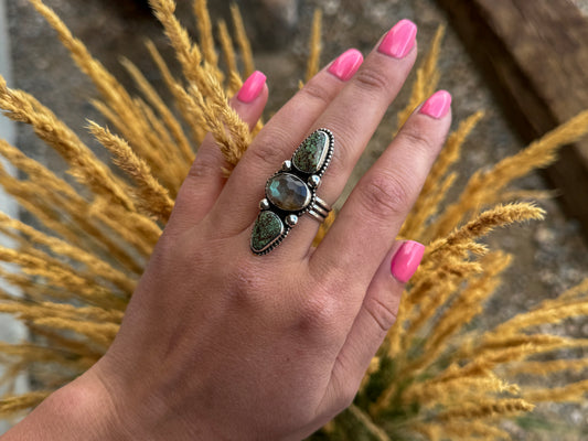 SIZE 7.5 TRIPLE-STONE BAMBOO TURQUOISE & LABRADORITE RING