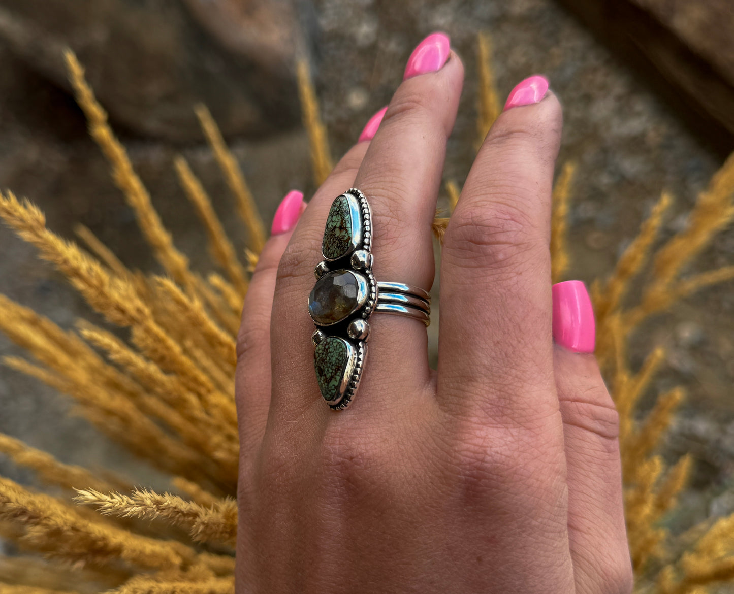 SIZE 7.5 TRIPLE-STONE BAMBOO TURQUOISE & LABRADORITE RING